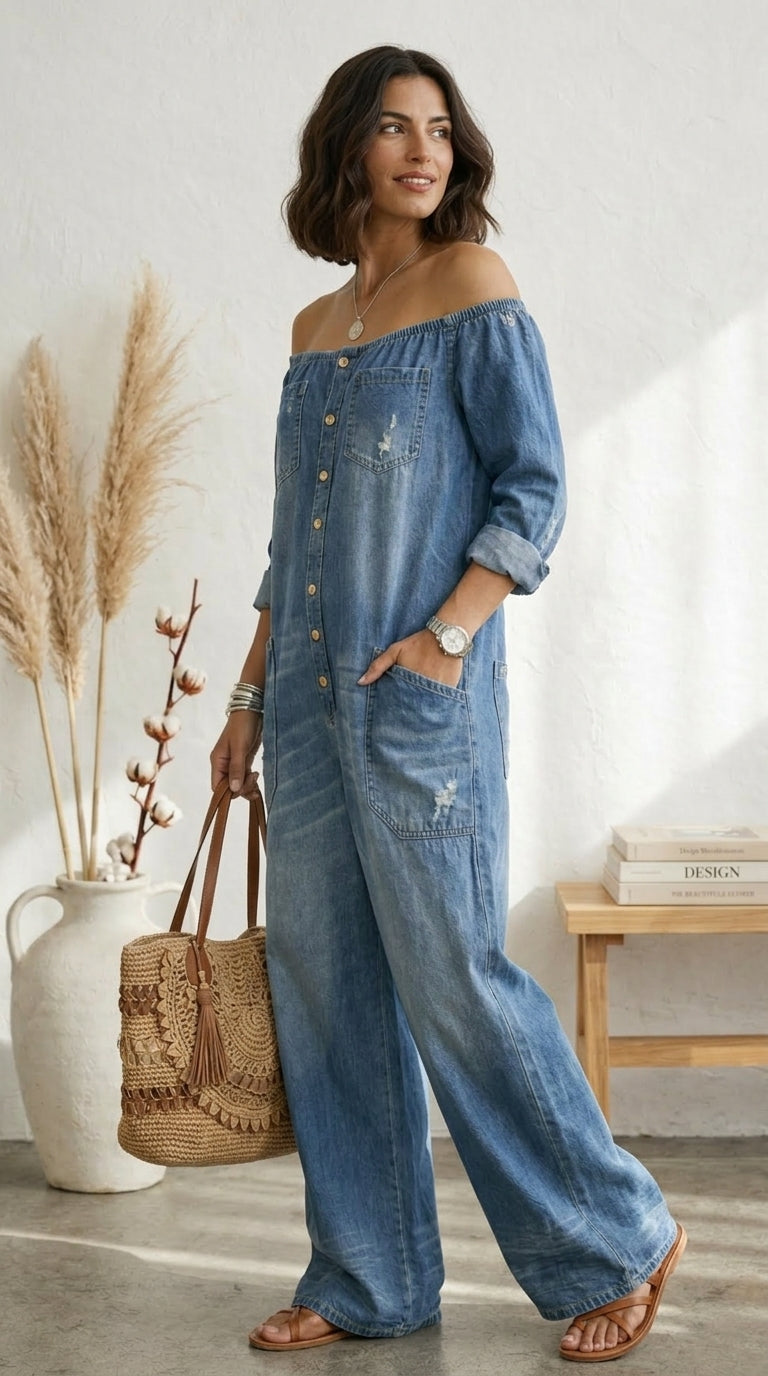 Triana™ | Boho džínová kombinéza se širokými nohavicemi