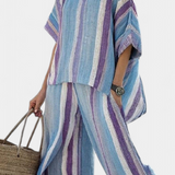 Lucie – elegantní top v pastelově mauve a pruhované lněné kalhoty